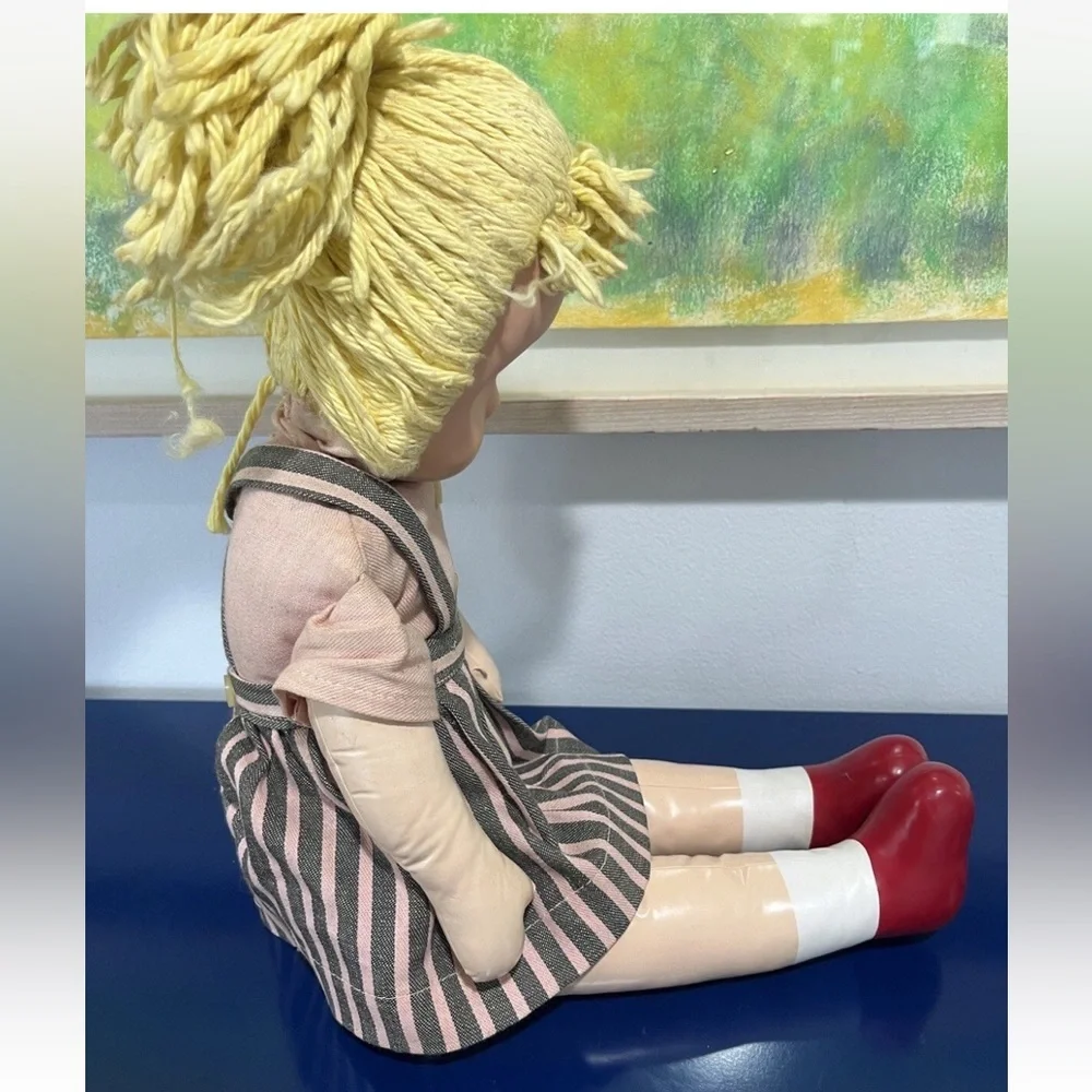 Carnival Plastic Face Cloth Fabric Doll Blonde Yarn Braid Blue Eyes Vintage 60s